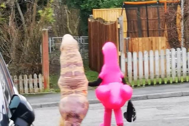 The sight of a seven foot tall dinosaur and a bright pink flamingo brought some smiles to neighbours on a Burnley housing development.