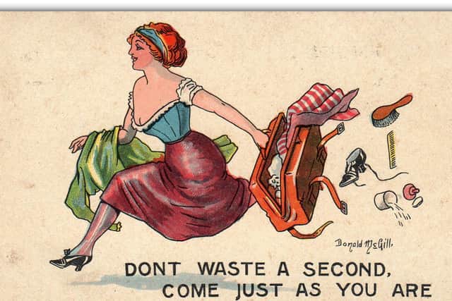 Don't waste a second, come just as you are to Preston. 
Comic novelty postcard. Published by Joseph Asher & Co., 3 & 4 Ivy Lane, London E.C.
Artwork by Donald McGill. Posted in 1913