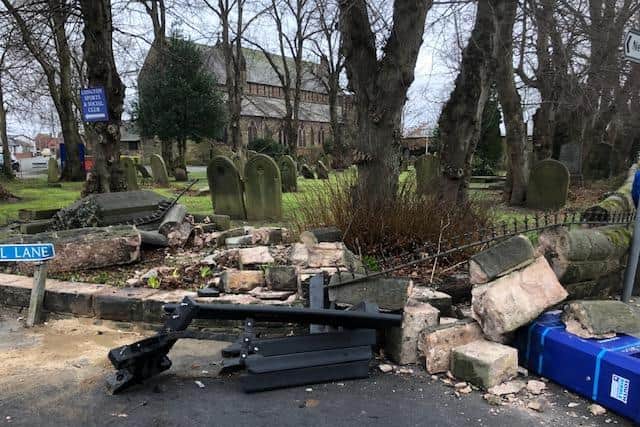The vehicle crashed into the church wall 'at high speed' causing the bench and wall to collapse