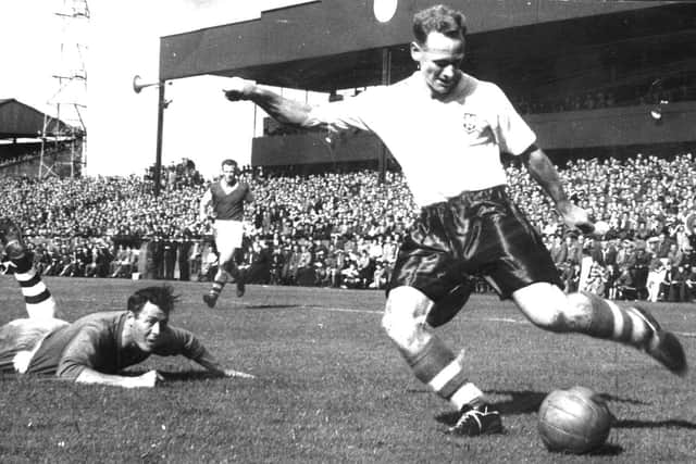 Tom Finney scores for Preston North End at Deepdale