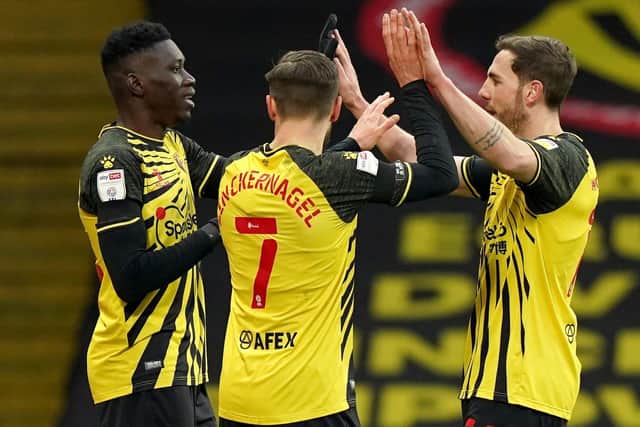 Watford celebrate their sixth and final goal against Bristol City on Saturday