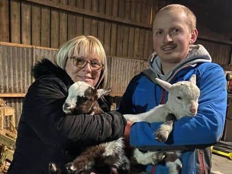 Matthew (right) was able to hold the baby goats after they were rescued from the roadside