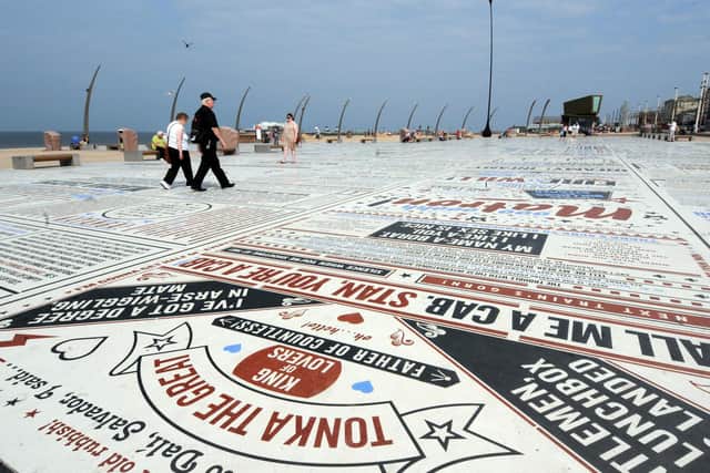 Comedy Carpet, The Promenade, Blackpool
Blackpool’s Comedy Carpet provides a fun place to get inside the craft of comedy. Created by artist Gordon Young (in collaboration with the Why Not Associates), this work of visual art displays legendary jokes, songs, and catchphrases in sentence form.
The work pays homage to more than 1,000 comedians and writers, and spans across 2,200 sq m (23,680 sq ft).