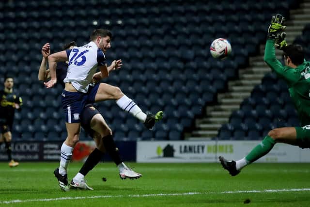 Ched Evans lifts an early Preston North End chance over the bar against Watford at Deepdale