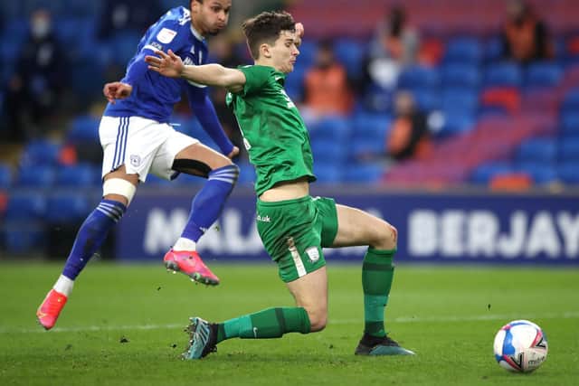 PNE defender Jordan Storey can't stop Josh Murphy scoring Cardiff's second goal.