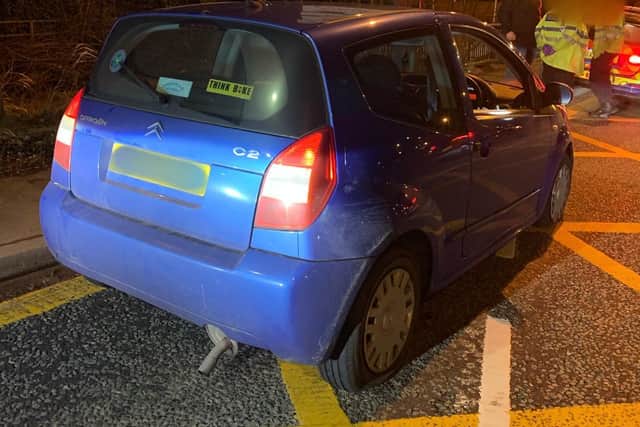 Lancashire Police chased this Citroen C2 along the M61 overnight, and brought it to a stop using a stinger. The driver has been arrested for drugs offences. Pic: Lancashire Road Police