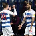 QPR players Stefan Johansen and Charlie Austin celebrate scoring against Brentford