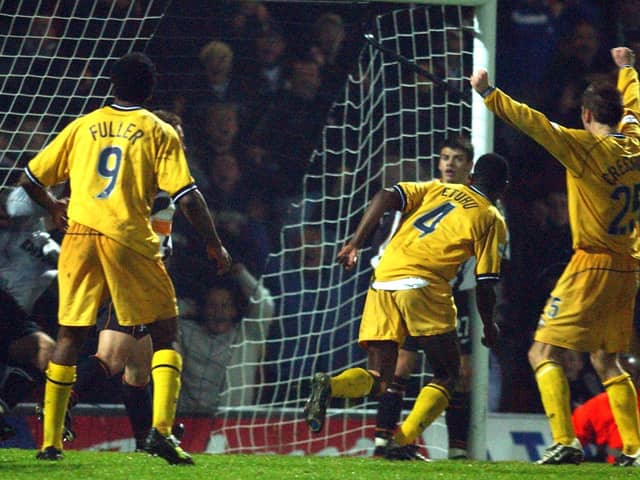 Dickson Etuhu turns to celebrate after scoring Preston North End's late equaliser against Grimsby at Blundell Park in November 2002
