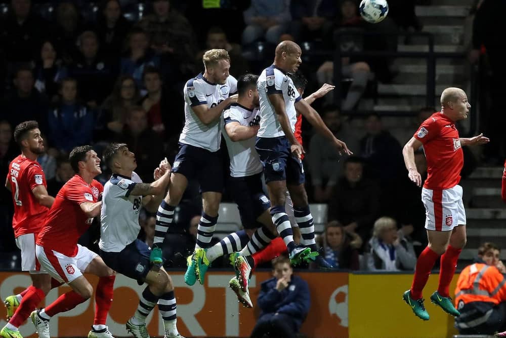 Alex Baptiste is at the front of a three-man queue to head home for Preston North End against Huddersfield at Deepdale in October 2016