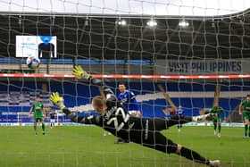 Preston North End goalkeeper Daniel Iversen is beaten by Kieffer Moore's early penalty at the Cardiff City Stadium last week