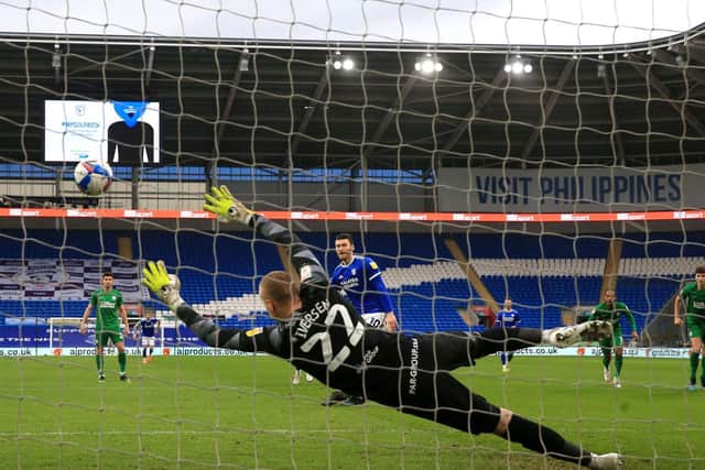 Preston North End goalkeeper Daniel Iversen is beaten by Kieffer Moore's early penalty at the Cardiff City Stadium last week