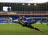 Preston North End goalkeeper Daniel Iversen is beaten by Kieffer Moore's early penalty at the Cardiff City Stadium last week