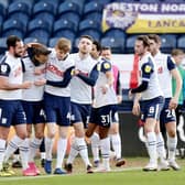 Preston North End celebrate their opening goal against Huddersfield Town at Deepdale