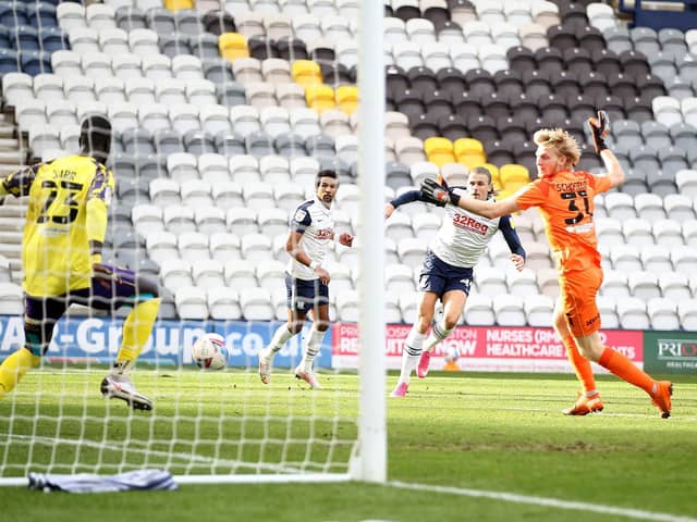 Brad Potts shoots Preston North End into the lead against Huddersfield Town at Deepdale
