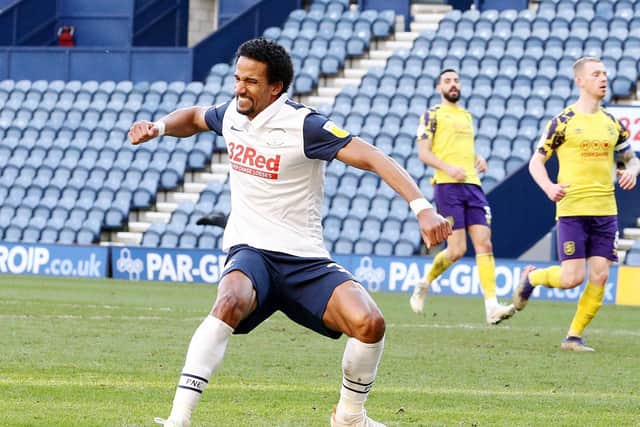 Scott Sinclair shows his delight a netting North End's third goal in the win against Huddersfield