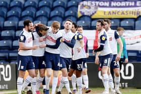 North End’s Brad Potts (second left) is mobbed by team-mates as he celebrates scoring the opening goal