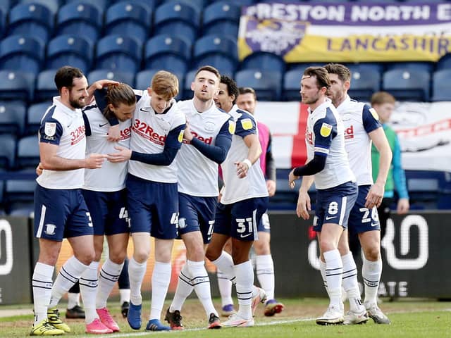 North End’s Brad Potts (second left) is mobbed by team-mates as he celebrates scoring the opening goal