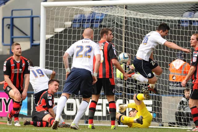 Bailey Wright steers the ball into the Bournemouth net in Preston’s 2-0 win over the Cherries at Deepdale in February 2013