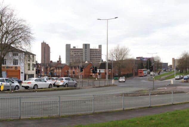 BEFORE:  View from grassed area in front of HMP Preston, looking along Church Street (image: Day Architectural Ltd.)