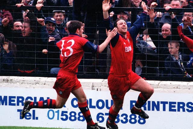 Sean Gregan celebrates with Michael Holt after giving Preston North End the lead at Shrewsbury in April 1997