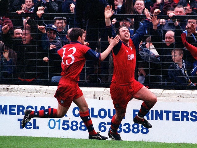 Sean Gregan celebrates with Michael Holt after giving Preston North End the lead at Shrewsbury in April 1997