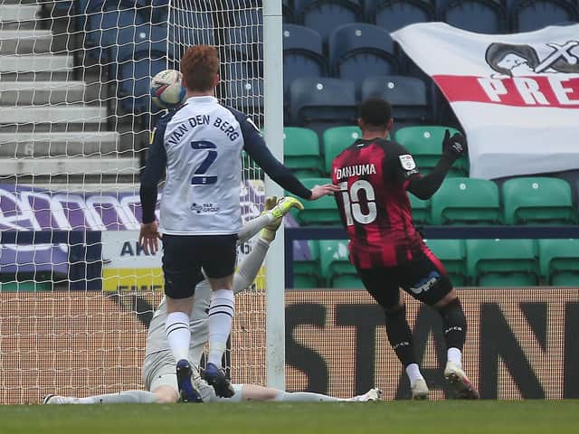 Bournemouth's Arnaut Danjuma fires past PNE goalkeeper Daniel Iversen