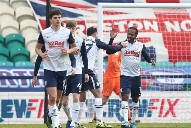 Daniel Johnson is congratulated after scoring Preston North End's equaliser against AFC Bournemouth at Deepdale