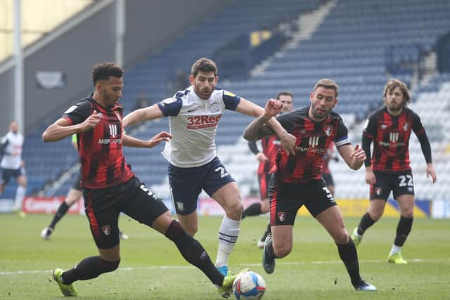 PNE striker Ched Evans looks for a way through the Bournemouth defence