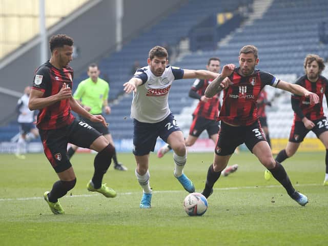 Ched Evans battles with the Bournemouth defence at Deepdale.