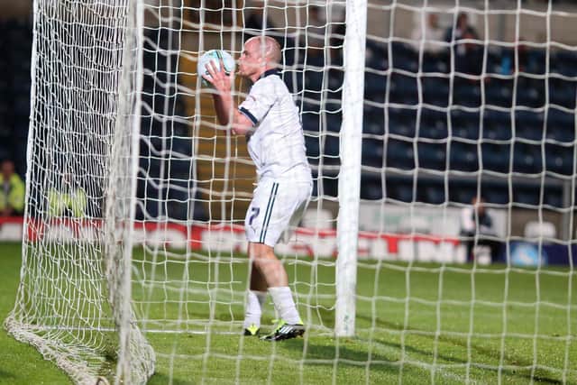 Iain Hume celebrates scoring Preston North End's third goal in the 4-3 win at Wycombe in September 2011