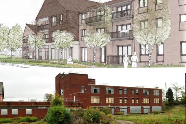 (Top) Artist's impression of how the planned 'extra care' apartments will look when they are built on (bottom) the site of the former Ribbleton Hospital (top image: Levitt Bernstein, via Preston City Council planning portal)