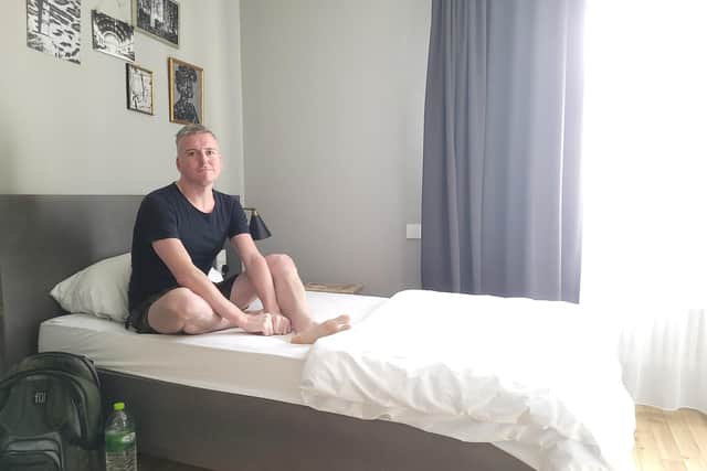 Andrew Neale, 35, from Preston, has spent two weeks stranded in a Frankfurt 'quarantine hotel', which has cost him £146 per night, not including food