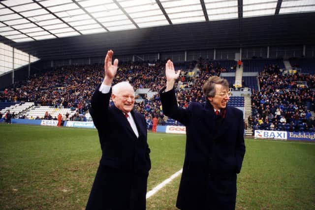 Sir Tom Finney and PNE chairman Bryan Gray at the official opening of the new stand at Deepdale 25 years ago
