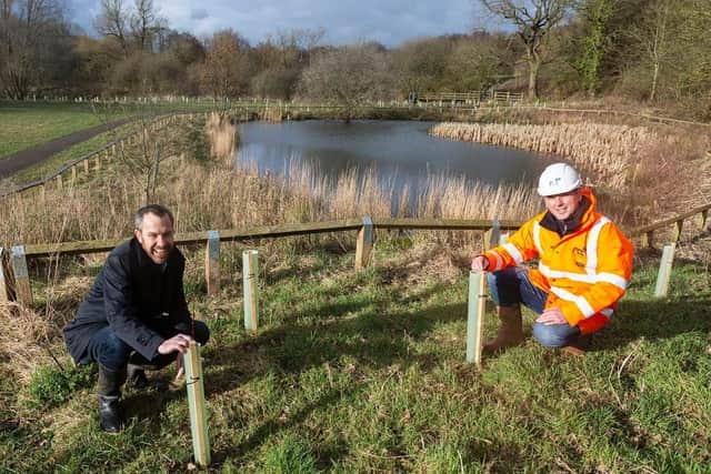 Coun Alistair Bradley, leader of Chorley Council, and Paul Brightwell, restoration & ecology manager at FCC Environment. Chorley Council and FCC Environment have planted thousands of trees on Yarrow Meadows in Chorley, March 2021, as part of Chorley Council’s wider plans to tackle climate change, after declaring a Climate Emergency in November 2019