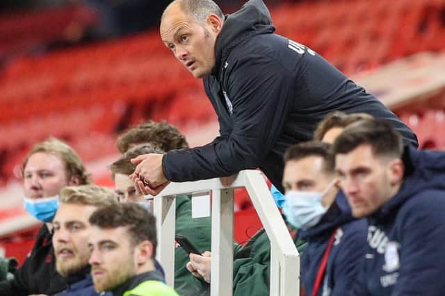 Preston manager Alex Neil watches the second half at Middlesbrough from the stand