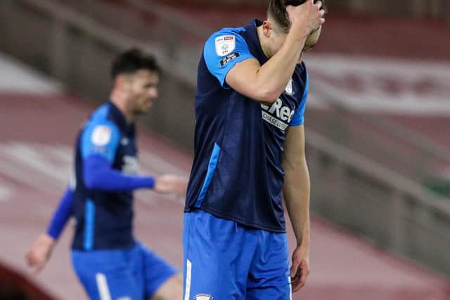 North End centre-half Jordan Storey shows his disappointment after scoring an own goal to hand Middlesbrough the lead
