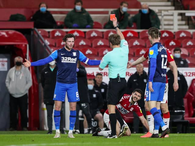 Preston North End skipper Alan Browne is sent-off by referee Oliver Langford against Middlesbrough