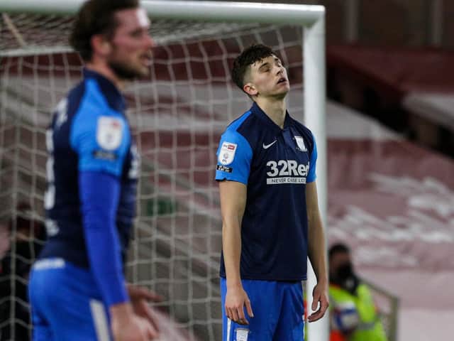 Jordan Storey reacts to his own goal.