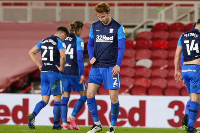 PNE players look dejected at the Riverside Stadium.
