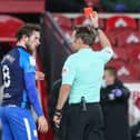 Preston North End skipper Alan Browne is shown the red card by referee Oliver Langford at Middlesbrough