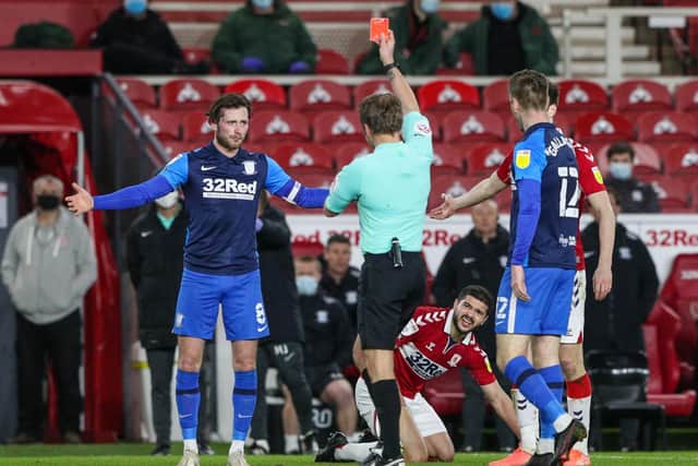 Preston North End skipper Alan Browne is shown the red card in Tuesday night's defeat at Middlesbrough