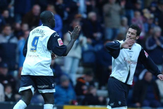 Patrick Agyemang celebrates scoring PNE's second goal against Luton with team-mate David Nugent