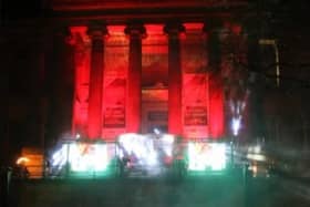 The Harris Library and Museum lit up red in 2016.