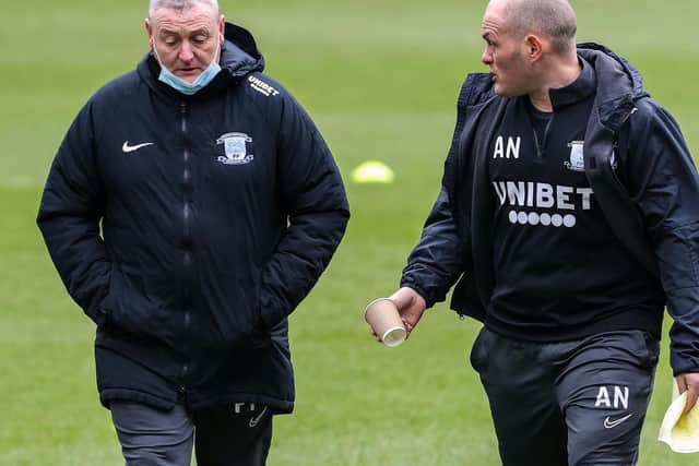 Frankie McAvoy (left) will take over as interim head coach from Alex Neil at Preston North End