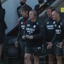 Frankie McAvoy with Steve Thompson and Alex Neil in the technical area during Preston North End's game at Norwich in September 2020