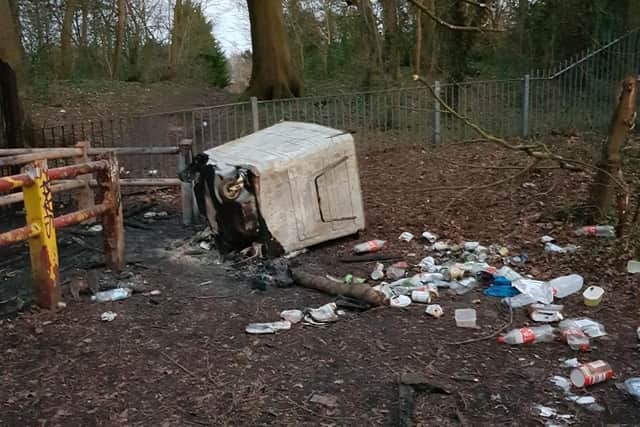 Bins with burnt rubbish were left by youths at Grange Park