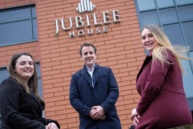 Craig Aikman with Sophie Mercer (left) and Yasmine Dragan (right) at Vincents Lytham office at Jubilee House