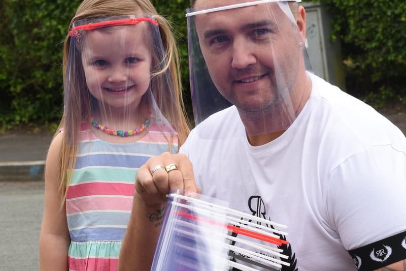 Just one example of people making use of their time and skills to create PPE during the lockdown - Shaun Campbell from Garswood has been making face visors with a 3D printer and giving away the essential PPE equipment to key workers around the world, during the Covid-19 lockdown, Shaun (who is also known as Shawn) pictured with daughter Mia, four.