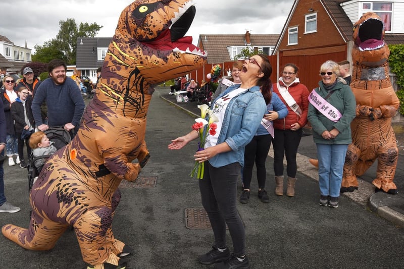A funny story to cover but also a show of community spirit as Winstanley couple Ian Yates and Laura Hutchinson had a not-wedding ceremony and street party with neighbours on the day they were supposed to get married. The groom wore a T-Rex costume and residents lined the street to celebrate and have a party.