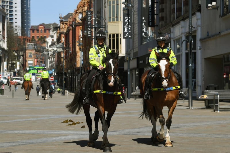 Police patrolled Briggate on horses, making sure people obeyed the stay at home order